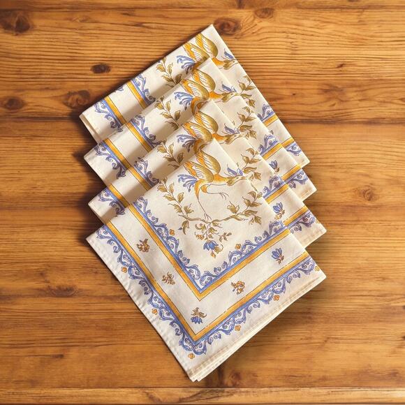 French Provence Cotton Napkins Set of 4 Moustier Bird Butterfly Cream Blue EUC - Picture 1 of 8